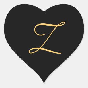 Monogram Z,  gold colored initial Z on black Heart Sticker