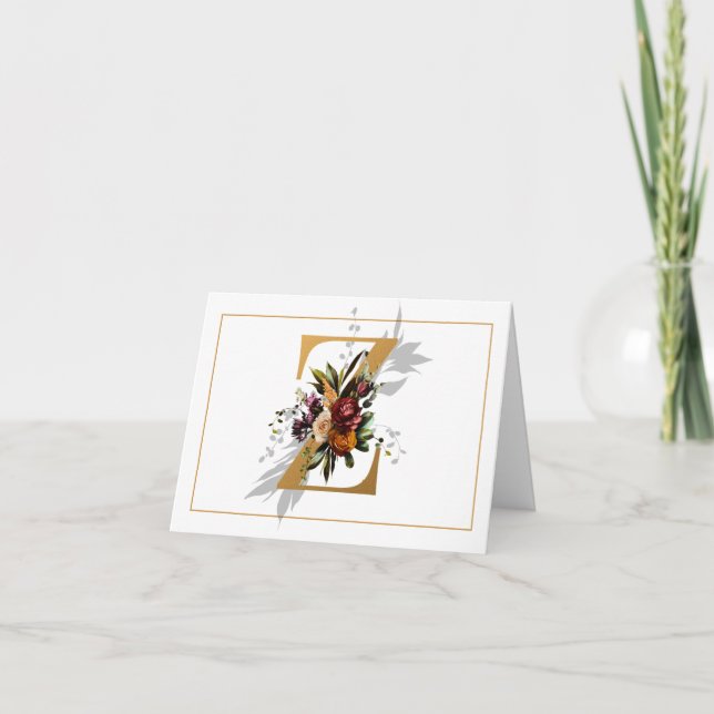 Monogram Z Gold Monogram Foral Note Card (Front)