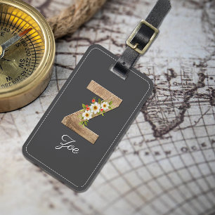 Monogram Z gray wood letter flower Luggage Tag