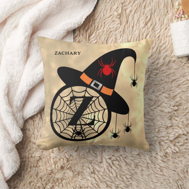 Monogram Z Halloween Sky Witch Spiders Name Throw Pillow (Blanket)