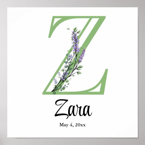Monogram Z Lavender Eucalyptus nursery  Poster