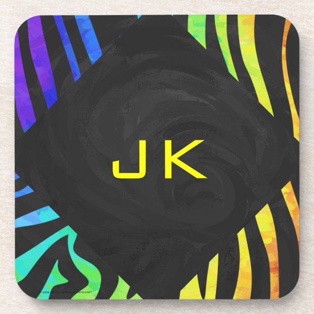 Monogram Zebra Black and Rainbow Print Beverage Coaster (Front)