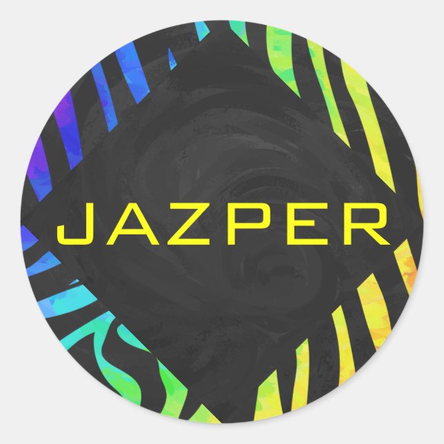 Monogram Zebra Black and Rainbow Print Classic Round Sticker (Front)