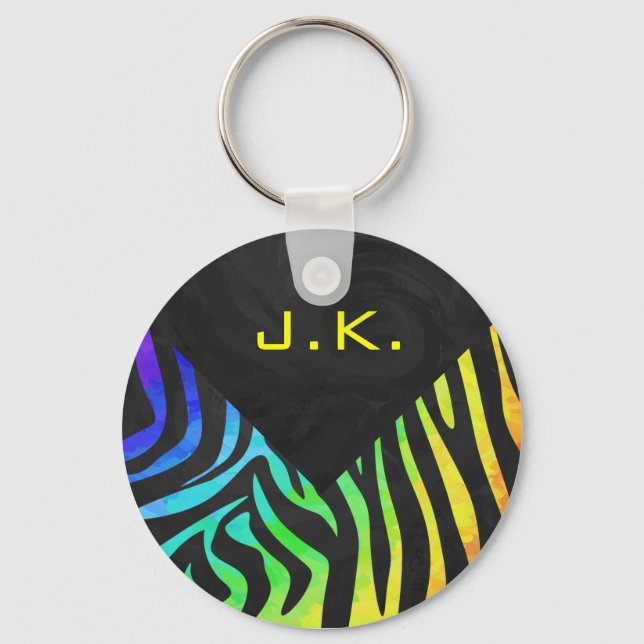Monogram Zebra Black and Rainbow Print Keychain (Front)
