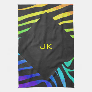 Monogram Zebra Black and Rainbow Print Kitchen Towel