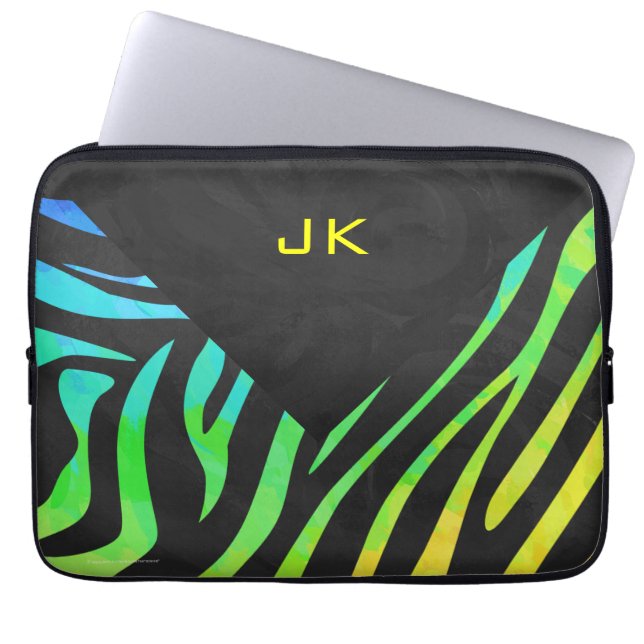 Monogram Zebra Black and Rainbow Print Laptop Sleeve (Front)