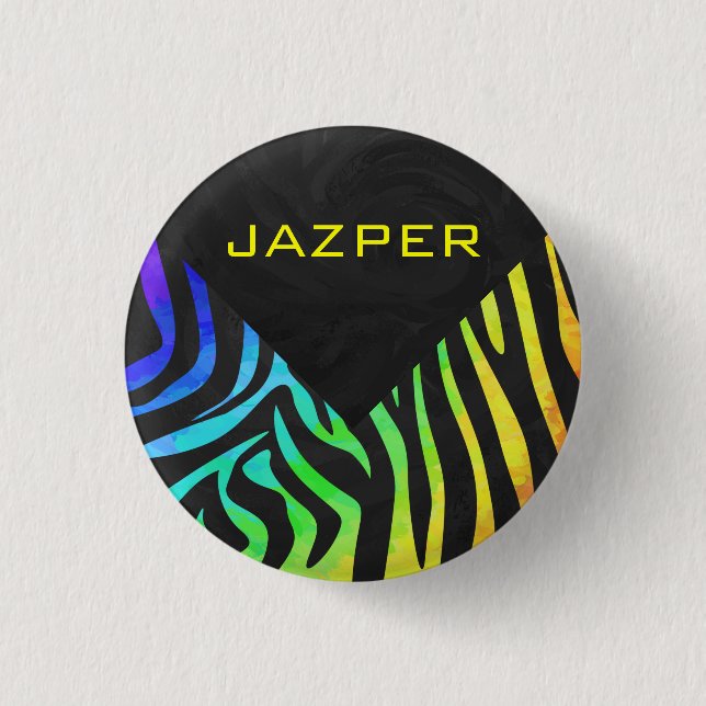 Monogram Zebra Black and Rainbow Print Pinback Button (Front)