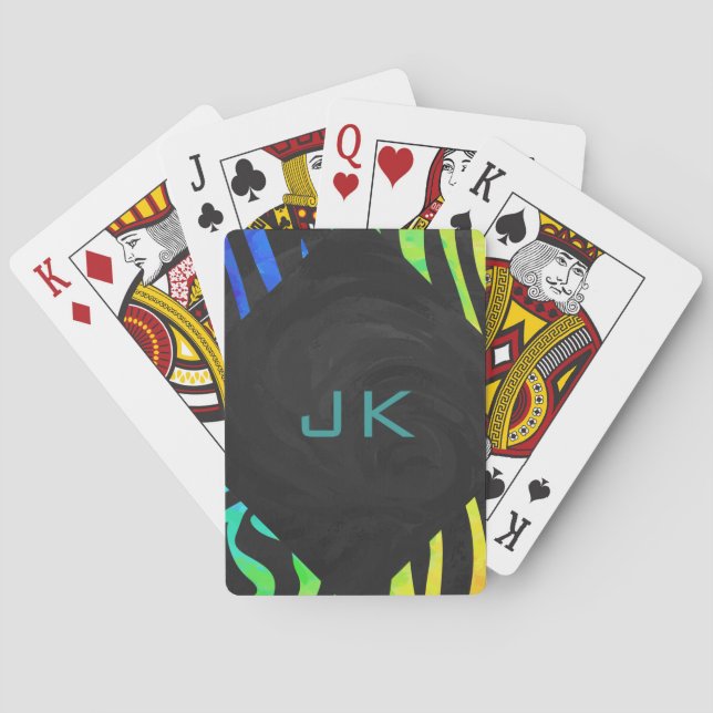 Monogram Zebra Black and Rainbow Print Poker Cards (Back)