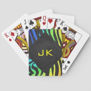 Monogram Zebra Black and Rainbow Print Poker Cards