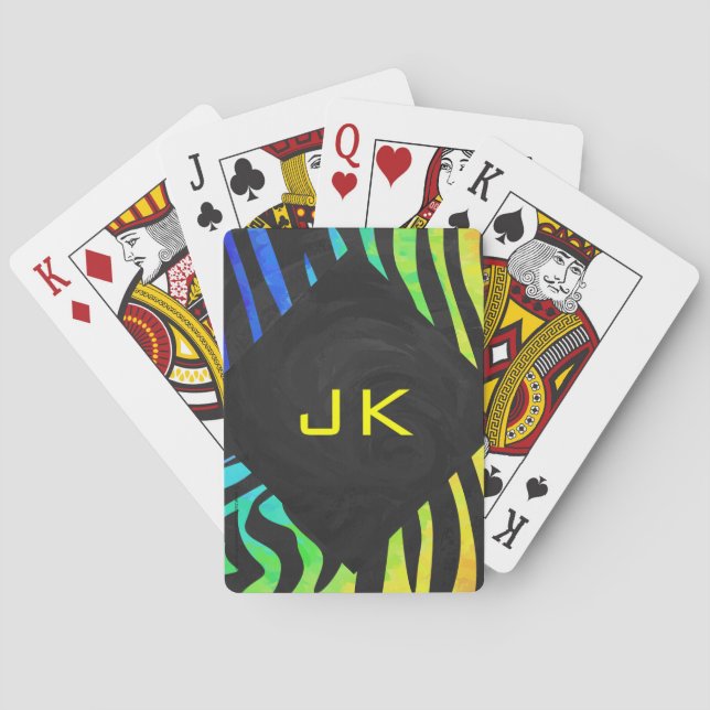 Monogram Zebra Black and Rainbow Print Poker Cards (Back)
