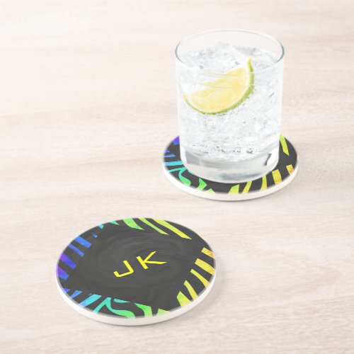 Monogram Zebra Black and Rainbow Print Sandstone Coaster