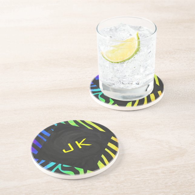 Monogram Zebra Black and Rainbow Print Sandstone Coaster (Side)