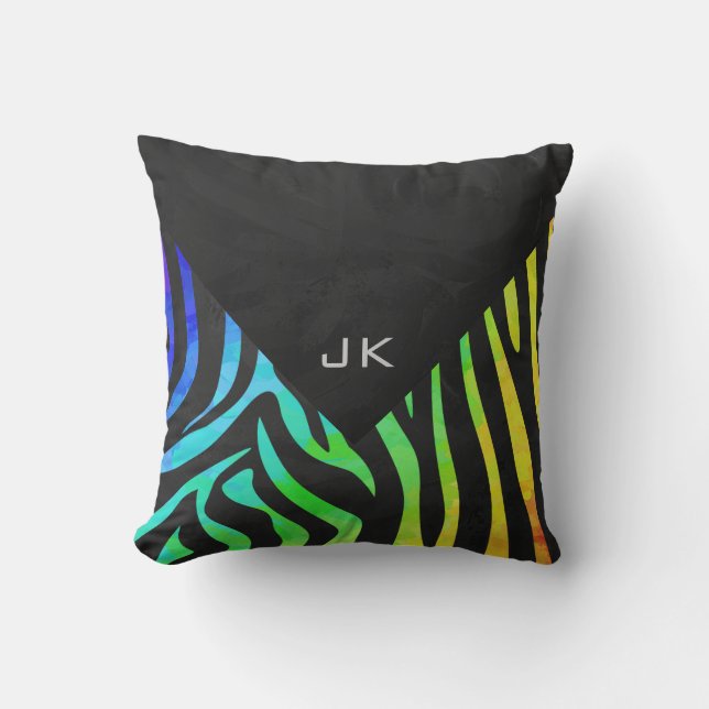 Monogram Zebra Black and Rainbow Print Throw Pillow (Front)