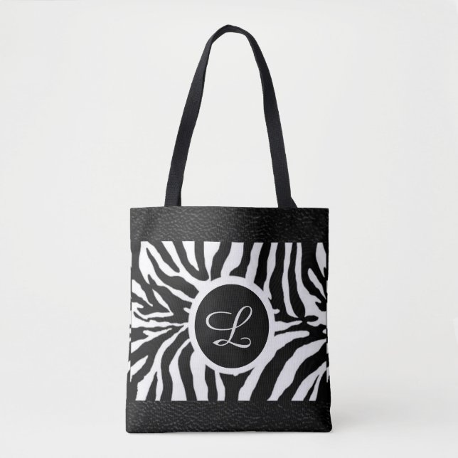 Monogram Zebra Pattern with Leather Trim Tote Bag (Front)