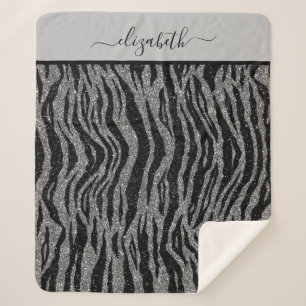 Monogram Zebra Print Black and Gray Silver Sherpa Blanket