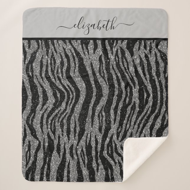 Monogram Zebra Print Black and Gray Silver Sherpa Blanket (Front)