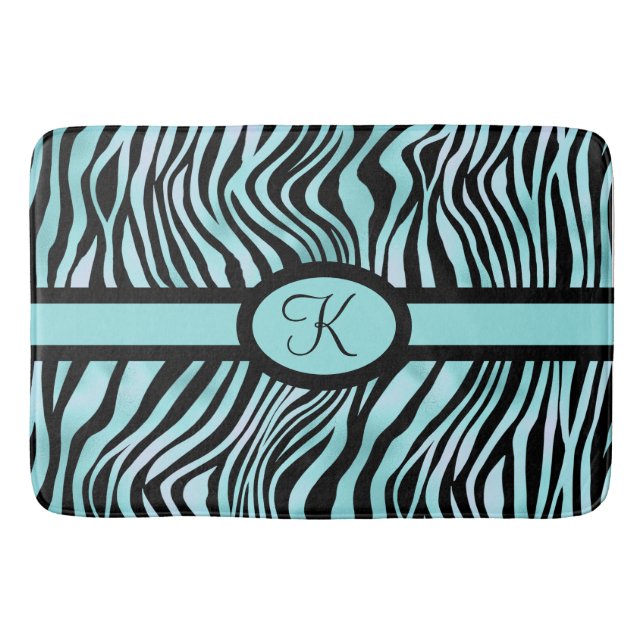 Monogram Zebra print Black and Teal Turquoise  Bath Mat (Front)