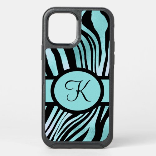 Monogram Zebra print Black and Teal Turquoise OtterBox Symmetry iPhone 12 Pro Case