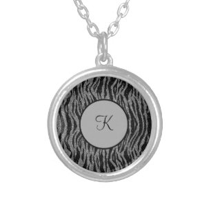 Monogram Zebra Print Black Gray Silver Trendy Silver Plated Necklace