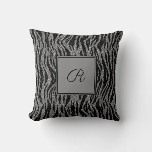 Monogram Zebra Print Black Gray Silver Trendy Throw Pillow