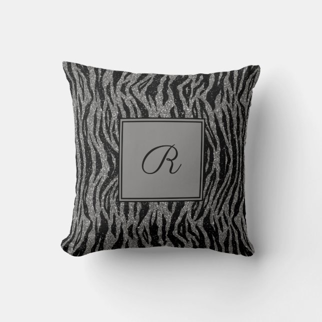 Monogram Zebra Print Black Gray Silver Trendy Throw Pillow (Front)