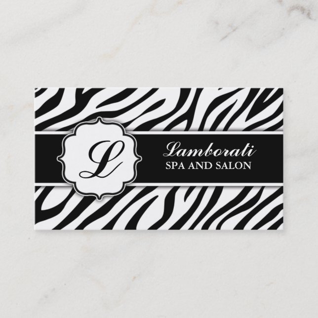Monogram Zebra Print Hair Stylist Hairdresser Business Card (Front)