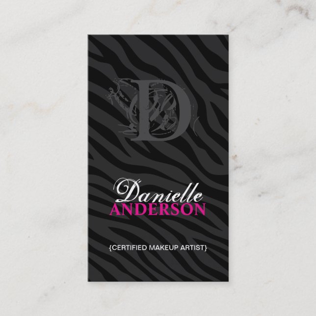 MONOGRAM ZEBRA PRINT MAKEUP ARTIST BUSINESS CARD (Front)