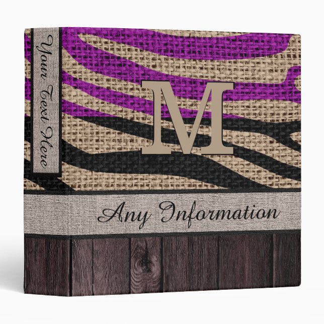 Monogram Zebra Print Pattern Burlap Look Wood #12 Binder (Front/Spine)