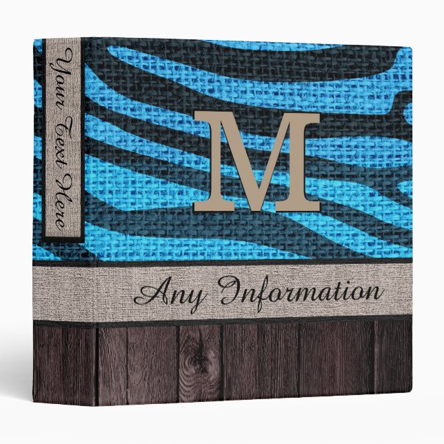 Monogram Zebra Print Pattern Burlap Look Wood #8 3 Ring Binder (Front/Spine)