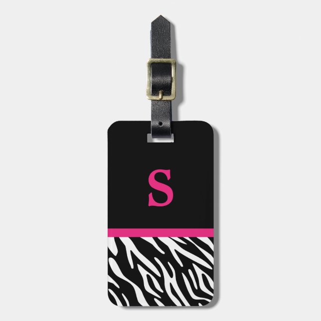 Monogram Zebra Print & Pink Accent Luggage Tag (Front Vertical)