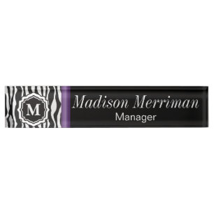 Monogram Zebra Purple Bar Name Plate