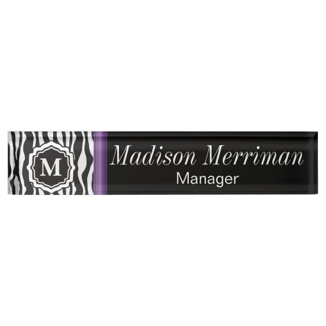 Monogram Zebra Purple Bar Name Plate (Front)