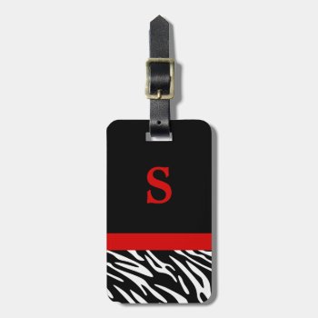 Monogram Zebra Stripe With Red Luggage Tag by stripedhope at Zazzle