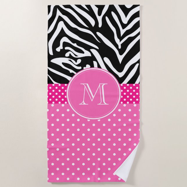 Monogram Zebra with Hot Pink Polka Dot Pattern Beach Towel (Front)