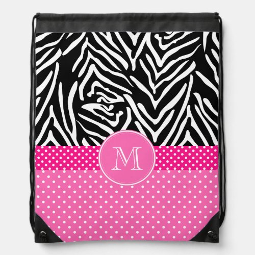 Monogram Zebra with Hot Pink Polka Dot Pattern Drawstring Bag