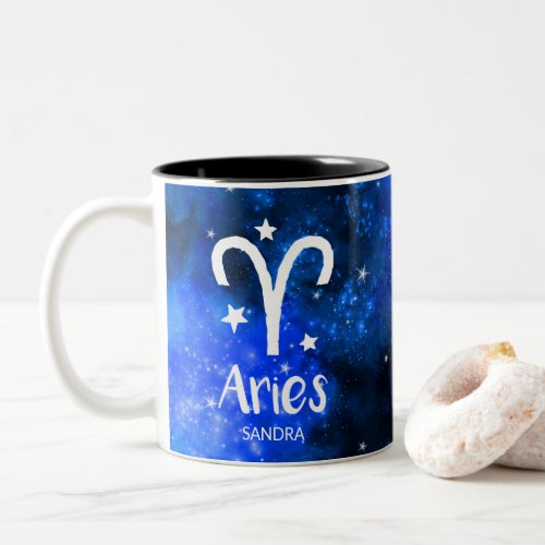 Monogram Zodiac Aries sign Blue Galaxy Two_Tone Coffee Mug