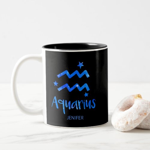 Monogram Zodiac sign Aquarius with Blue Galaxy Two_Tone Coffee Mug