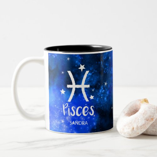 Monogram Zodiac sign Pisces with Blue Galaxy Two_Tone Coffee Mug