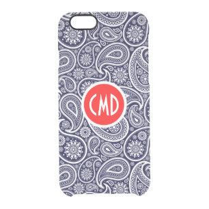 Monograme White On Navy Blue Retro Paisley Pattern Clear iPhone 6/6S Case