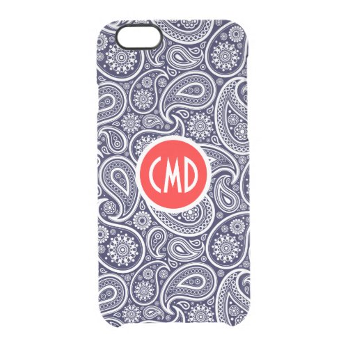 Monograme White On Navy Blue Retro Paisley Pattern Clear iPhone 66S Case