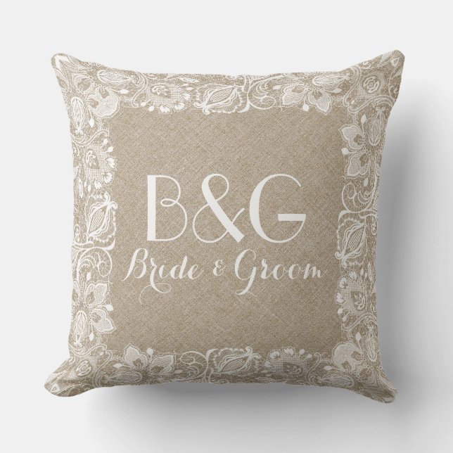 Monogramed Beige Linen And White Lace Frame Throw Pillow (Front)