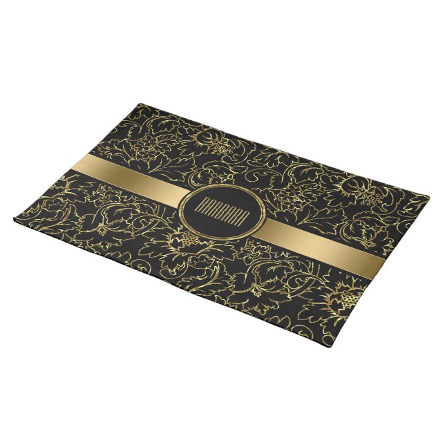 Monogramed Black And Gold Floral Damasks Cloth Placemat (On Table)