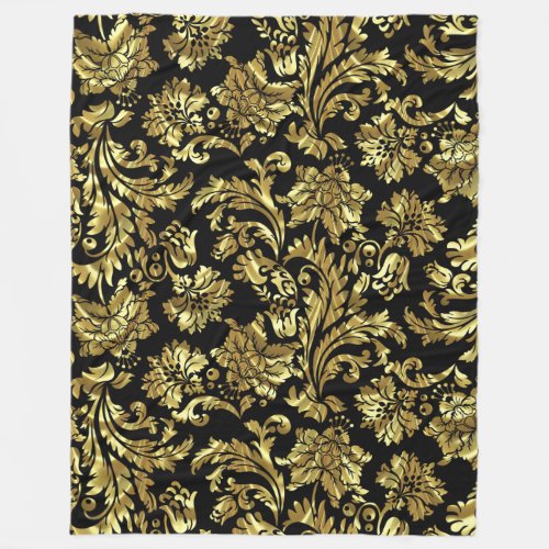 Monogramed Black And Gold Floral Damasks Fleece Blanket