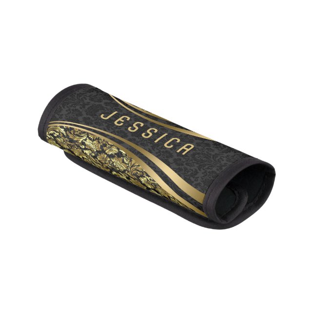 Monogramed Black And Gold Floral Damasks Luggage Handle Wrap (Angled)