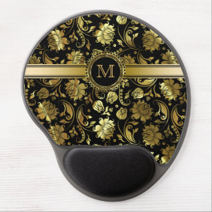Monogramed Black And Gold Floral Damasks Pattern Gel Mouse Pad