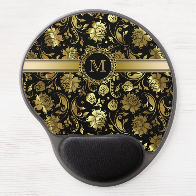 Monogramed Black And Gold Floral Damasks Pattern Gel Mouse Pad (Front)