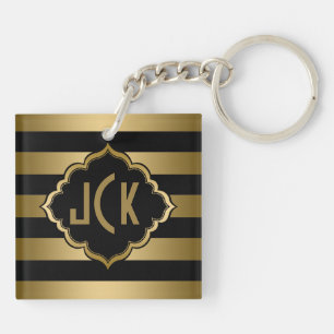 Monogramed Black And Gold Stripes Modern Design Keychain