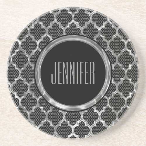 Monogramed Black And Silver Quatrefoil Pattern Drink Coaster