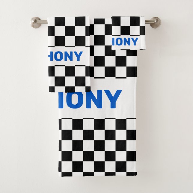 Monogramed Black and White Checkered Flag 1 Bath Towel Set (Insitu)