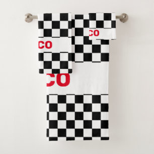 Monogramed Black and White Checkered Flag 2 Bath Towel Set